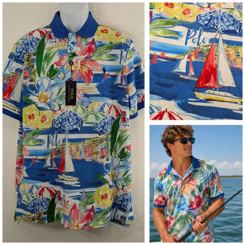 New Polo Ralph Lauren Men's Med Riviera Print Mesh Polo Shirt Vacation Sailing